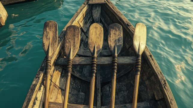 Wooden rowboat paddles resting in a  boat on teal water