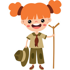 Happy Cartoon Girl Scout with Orange Pigtails Holding a Hat and Stick Ready for Adventure Outdoors