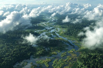 Aerial view of a lush rainforest river, clouds hovering above the canopy