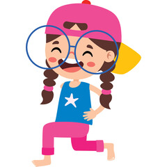 Happy Cartoon Girl With Pigtails And Glasses Doing A Lunge Exercise In A Blue Tank Top And Pink Pants With A Translucent Background