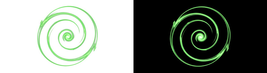 Fototapeta premium Two green spirals with glowing edges on a black background, featuring a hypnotic swirling pattern.