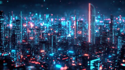 Fototapeta premium Futuristic cityscape at night, glowing with vibrant neon lights, digital particles