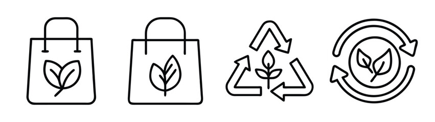 Eco friendly reusable shopping bags with leaf logo and recycle symbol for sustainable lifestyle