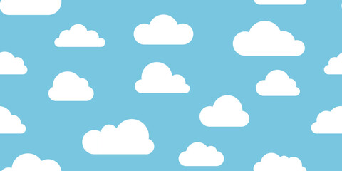Obraz premium Seamless blue sky clouds pattern vector. Cute white cloud background illustration. Flat cartoon sky seamless texture design. Minimal baby room clouds wallpaper vector