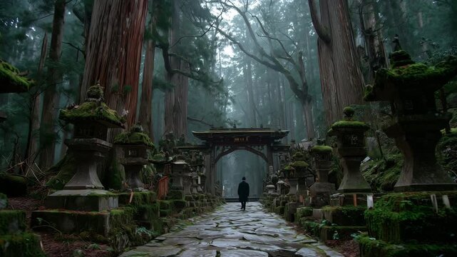 女性が横顔に高野山奥之院を静寂の景で重ねる