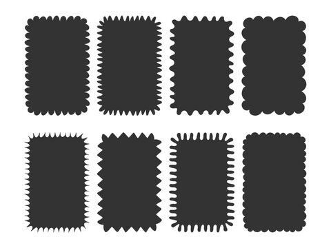 Black silhouette retro blank frame collection. Wavy squiggly rectangle label set. Minimal abstract rectangle templates. Modern hand drawn texture rectangular shapes