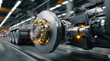Obraz premium Medium shot of a heavy hybrid trucks regenerative braking system engaging capturing the main brake components in sharp focus against a blurred industrial background