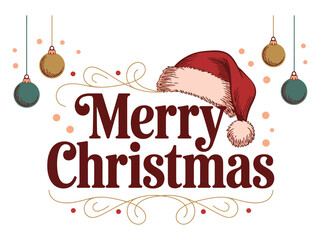 Merry Christmas greeting with Santa's hat and ornaments, a festive and celebratory design.