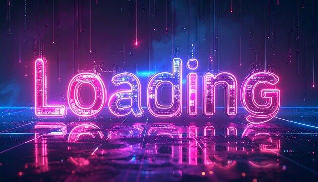 Luminous 'Loading' text, in pink and blue, reflected on a dark surface with raining sparkles and smoky background