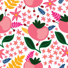 pink colored hand drawn tomatoes with small flowers, green leaves, blue, yellow and pink branches placed on white background seamless pattern. Good for tiles, fabric, decoration, textile and more.