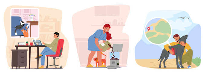 People pet owners using modern smart devices for dog and cat care, remote control and walking