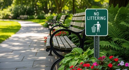 No Littering Sign in Lush Park Setting for Environmental Awareness Campaigns, City Beautification Projects, Educational Materials, and Community Service Websites