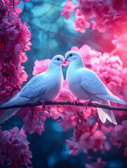 Fototapeta premium A romantic couple of white doves kissing on a branch with pink spring flowers. Symbol of love and togetherness for valentine's day or a wedding