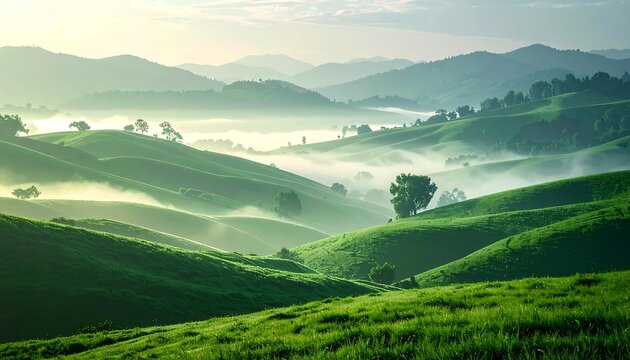 Lush green hills blanketed in soft mist under a bright sky, conveying tranquility and natural beauty