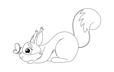 Black-and-white funny squirrel playing butterfly