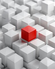 Obraz premium Single red cube among white cubes, representing individuality, courage, and creative difference.