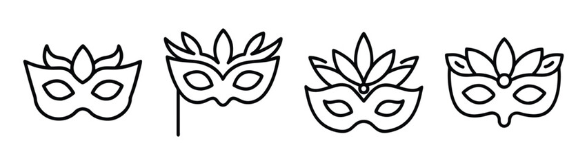 Collection of festive masquerade masks with feathers for costume party and carnival celebration
