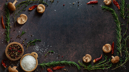 An assortment of ingredients used to liven up food flavours, arranged in a frame