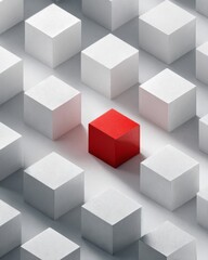Obraz premium Single red cube among white cubes, representing individuality, courage, and creative difference.