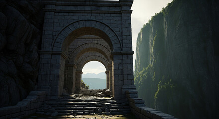 Ancient stone archway with mossy overgrown cliffs and distant mountain valley view at dawn