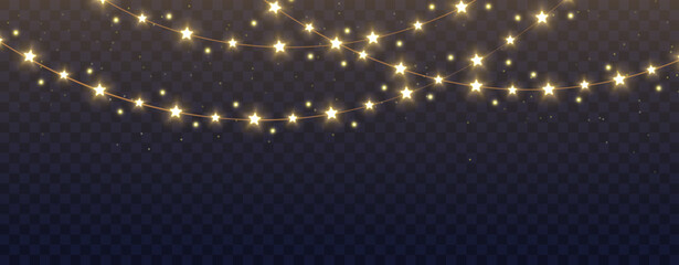 Fototapeta na wymiar Realistic golden Christmas lights garlands with glowing stars and bulbs. Festive magic fairy strings for holiday decoration, New Year party banner, vector isolated on transparent background