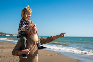 Grandfather carrying grandson on his shoulders while pointing at the sea