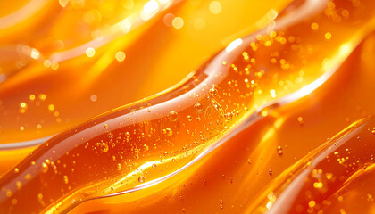 Transparent hyaluronic acid gel smear on orange background, glossy texture, smooth and fluid