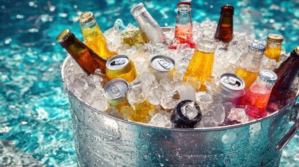 Bottles of various colorful beverages are nestled in ice by the shimmering water inviting relaxation.