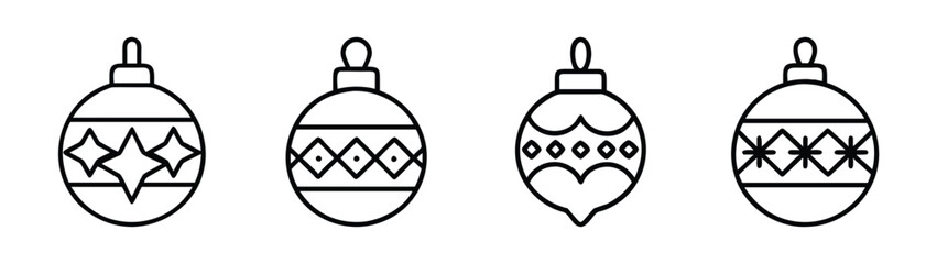 Christmas ornaments vector design, holiday decoration clip art, xmas tree balls line art drawing set