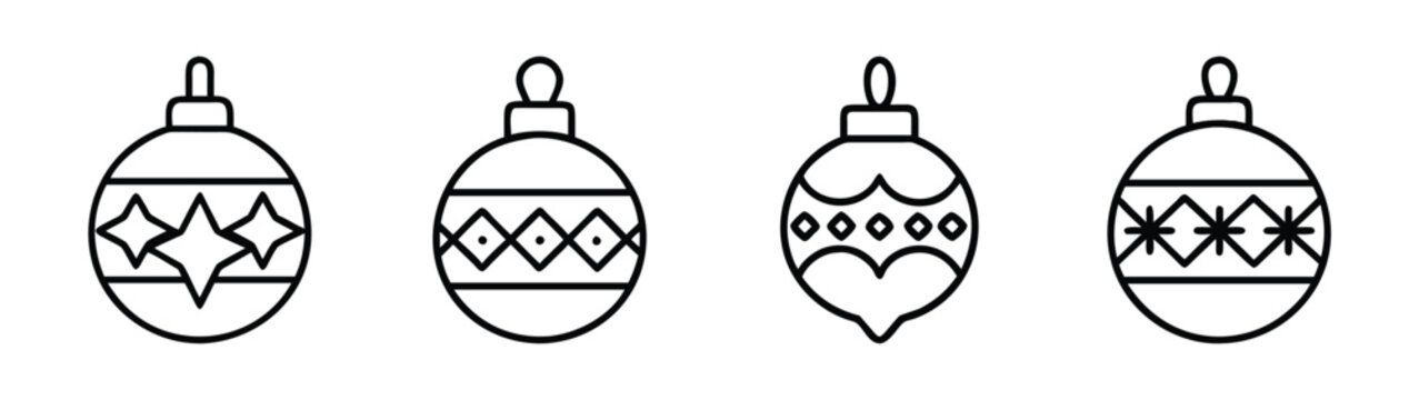 Christmas ornaments vector design, holiday decoration clip art, xmas tree balls line art drawing set