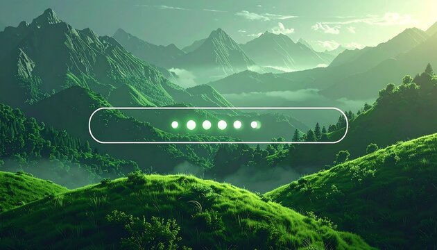 Lush green hills under a misty mountain range with a glowing bar and 6 dot indicators on top