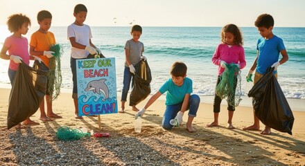 Children Cleaning Beach with Trash Bags at Oceanside for Environmental Awareness Campaigns, Volunteer Projects, Educational Materials, and Eco-Friendly Initiatives