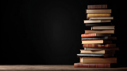 Stack of diverse books on wooden surface with dark background