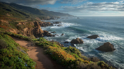 Obraz premium Scenic coastline view with rocky cliffs and ocean waves at sunset