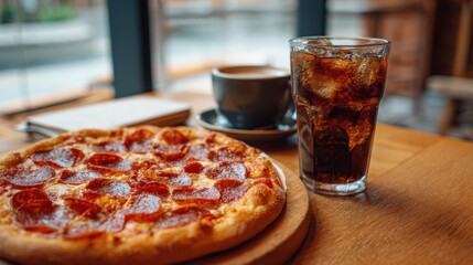 Savory pepperoni pizza and cold soda on a wooden table in a sunlit cafe setting.