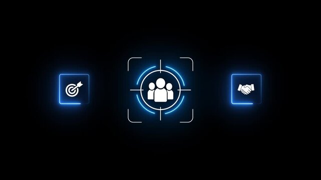 Digital marketing strategy and audience targeting concept. Businessman interacts with data analytics dashboard, customer engagement insights, Motion graphics of target people concept. 4k