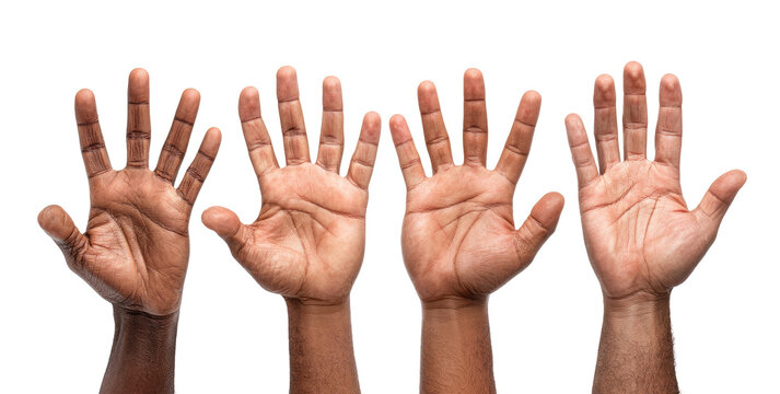 Four outstretched dark-skinned hands
