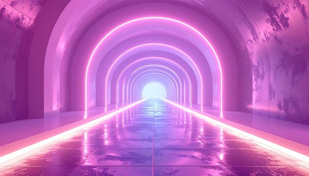 Lit tunnel with pink neon arches receding to bright light, reflecting on glossy floor