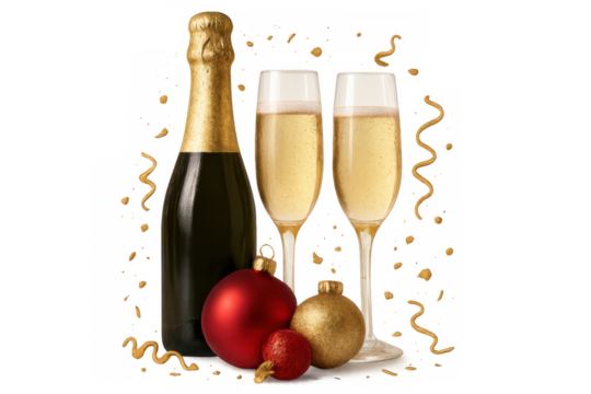 Celebrating new year's eve with champagne bottle, glasses, and christmas ornaments on transparent background