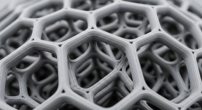 Close-up of a complex hexagonal lattice structure made via 3D bioprinting. Modern technology concept for cellular scaffolding and tissue engineering.