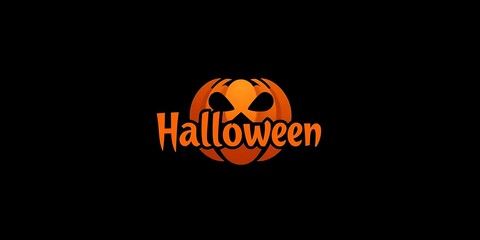 Simple, spooky Halloween logo featuring an orange, stylized jack-o'-lantern face merged with brush-style "Halloween" text against a solid black background.