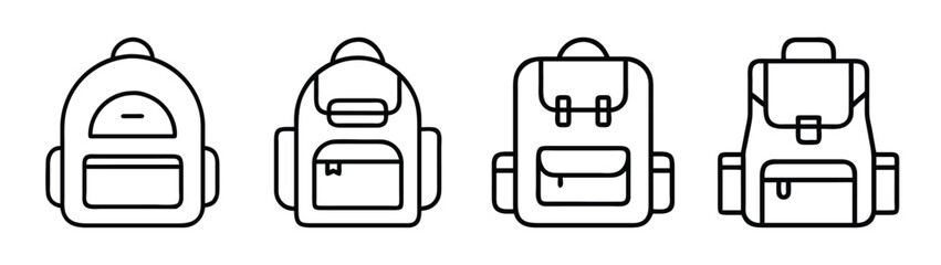 Backpacks line art vector illustration, travel bag, school bag, rucksack, knapsack, hiking bag outline