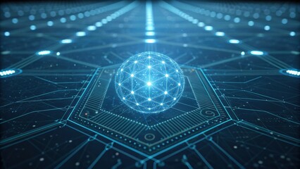A glowing digital sphere sits at the center of a network, symbolizing technology and interconnectedness in a futuristic environment.