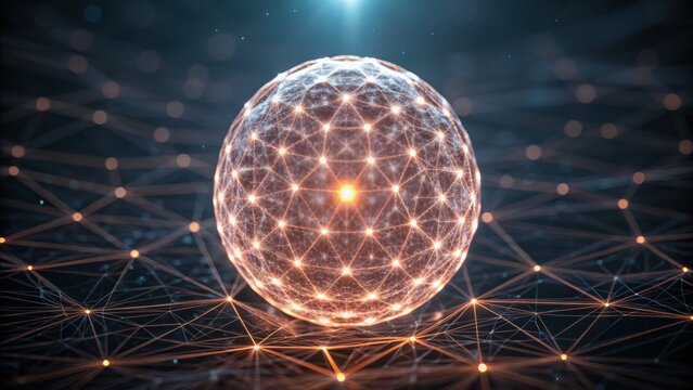 A glowing sphere interconnected with lines, representing a digital, futuristic concept of networks and technology.