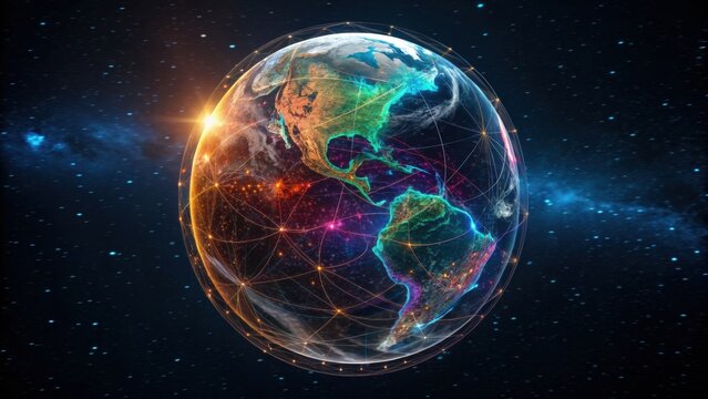 A vibrant digital representation of Earth, showcasing interconnected networks and cosmic elements in a space setting.