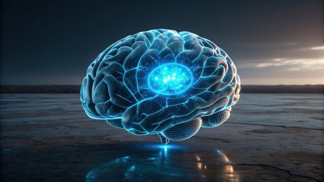 A futuristic brain illustration with glowing elements, symbolizing intelligence and advanced technology against a dramatic background.