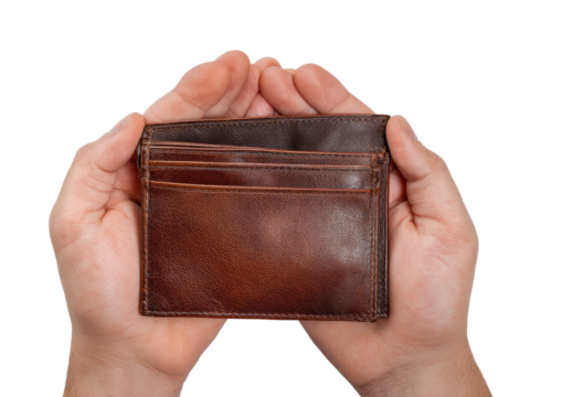 A brown leather wallet held gently in cupped hands