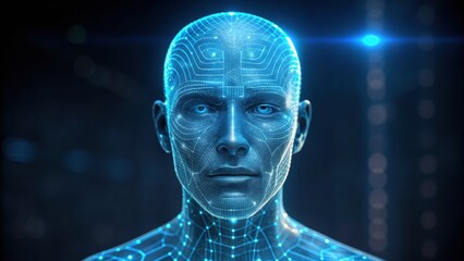 A futuristic digital representation of a humanoid figure, showcasing intricate circuitry and glowing blue patterns on the face and neck.