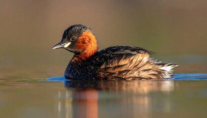 Little grebe swims, its feathers detailed, on calm water reflecting brown background