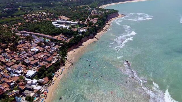 Aerial view of paradisiacal pipa beach with turquoise sea in Rio Grande do Norte.